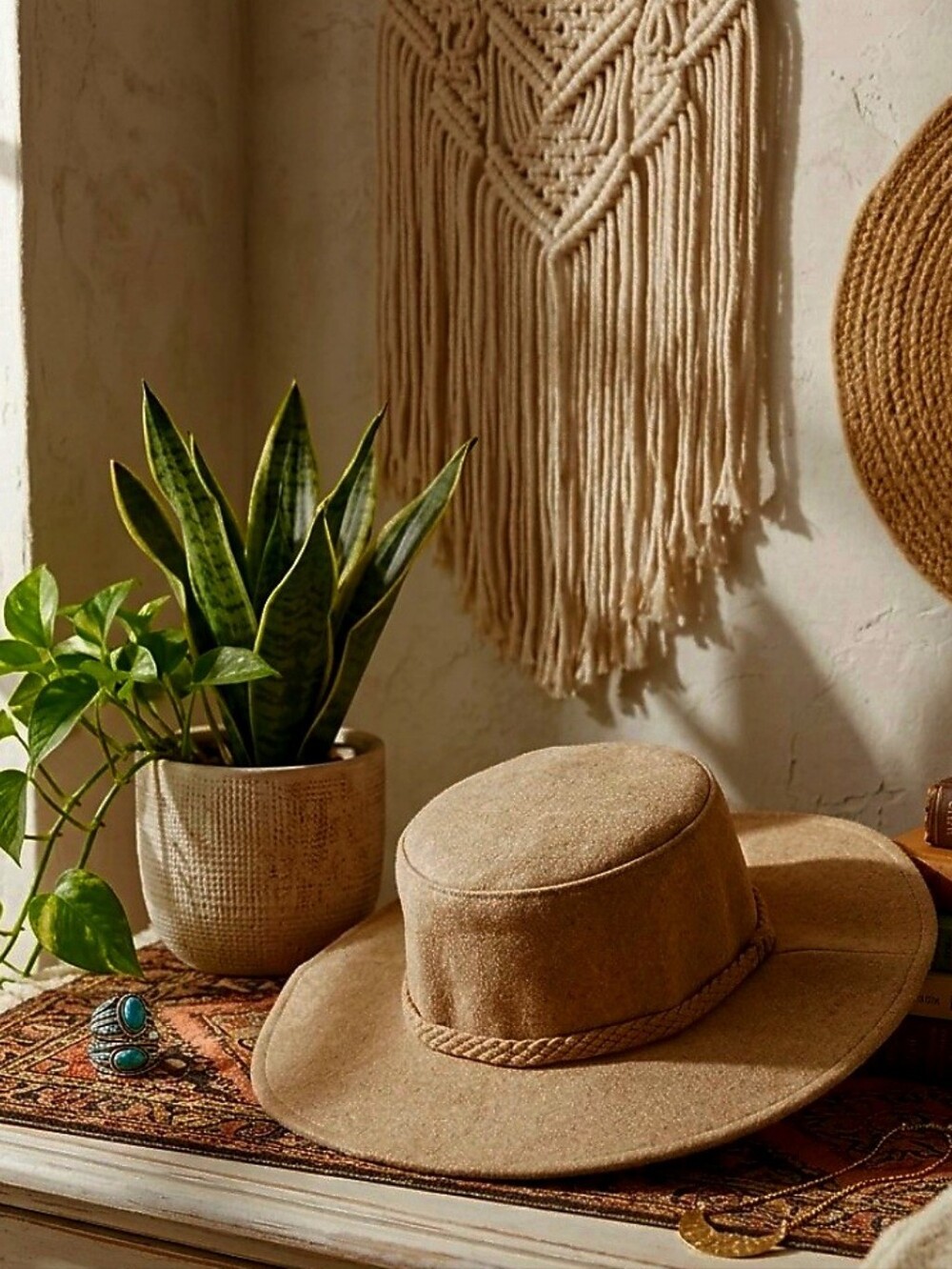NWT ASN The Harper Hat Boho Western Festival Braided Tan Felt Boater Hat